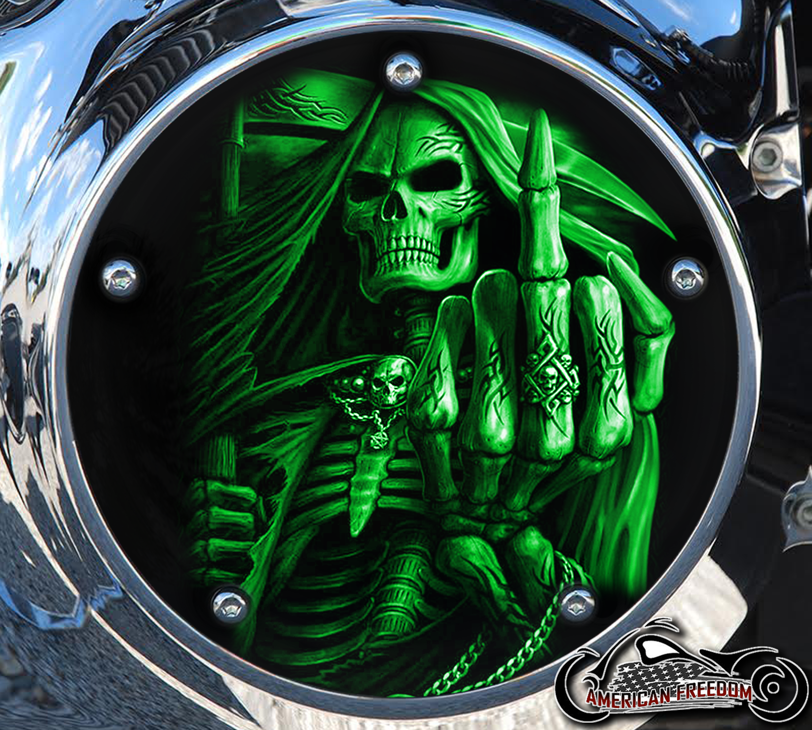 Custom Derby Cover - Middle Finger Reaper green